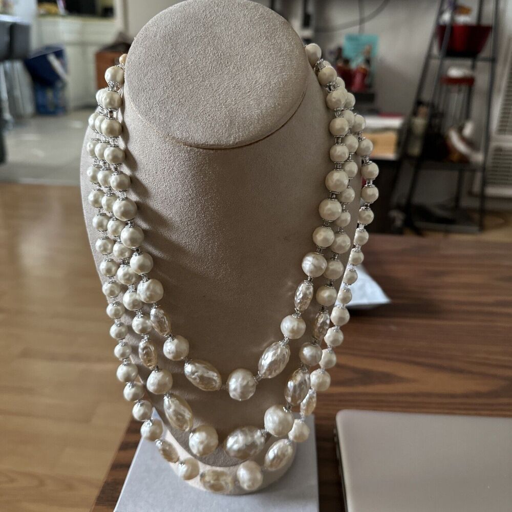 Three Strands Faux Pearl Necklace, Length 12 to 15 Inches Off White